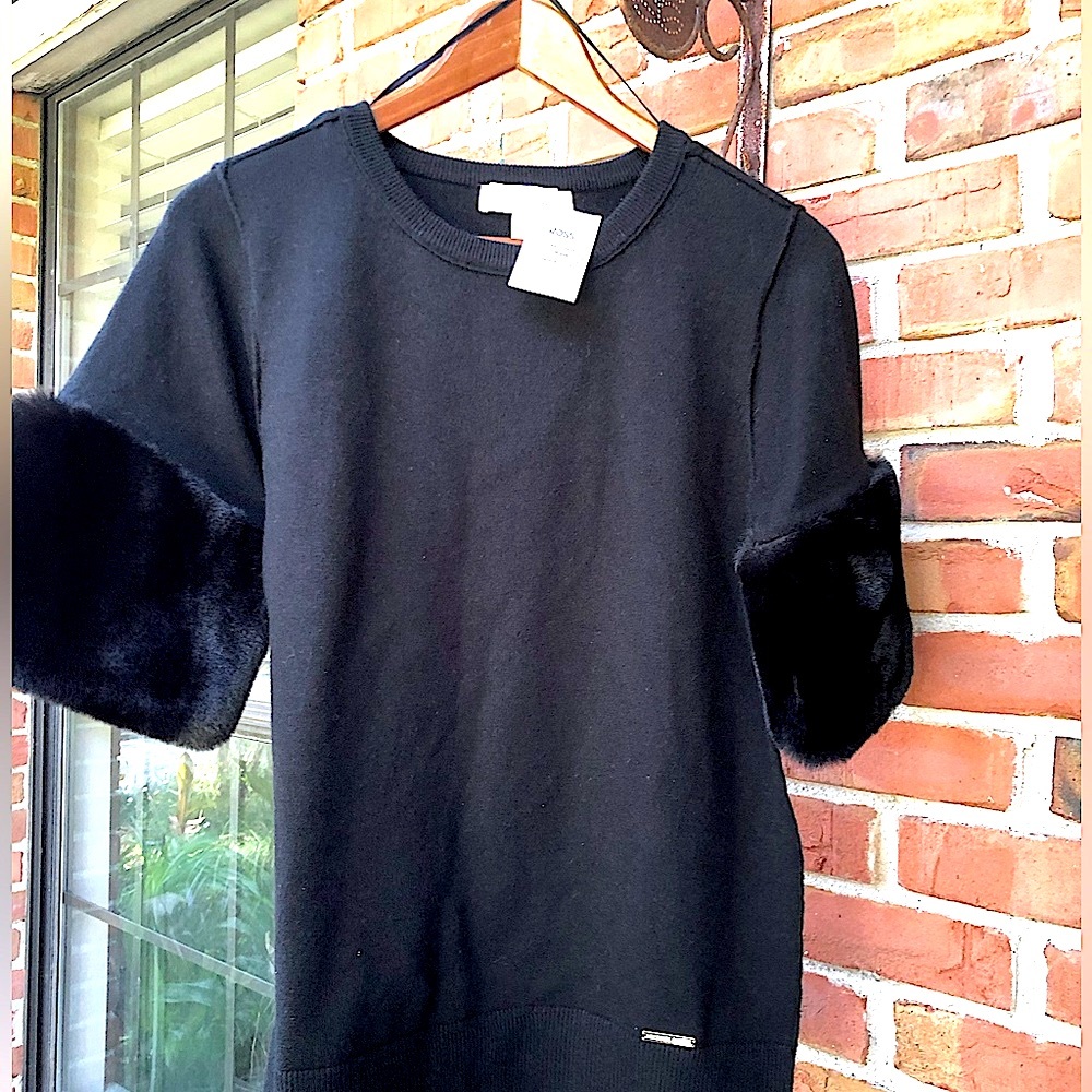 MICHAEL Michael Kors Black Knit Faux Fur Trim Sweater Size Small NWT